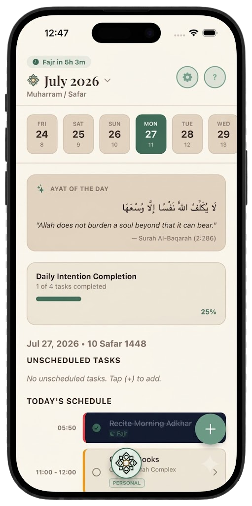 The Qasad app showing a daily plan with prayer times, an ayah of the day, and the day's schedule